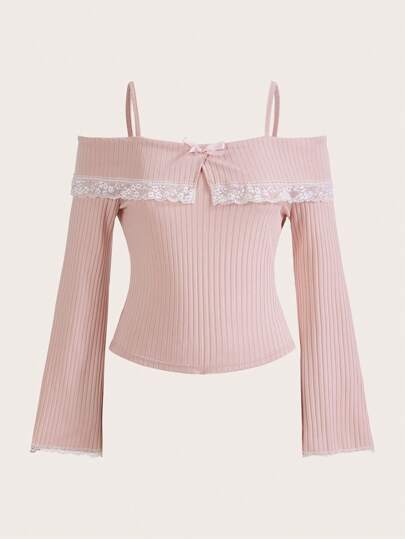 ROMWE Kawaii Renda De Contraste Ombro Frio Camiseta