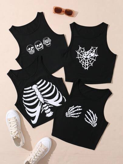 4Peças Crânio & Impressão De Teia De Aranha Top Tank