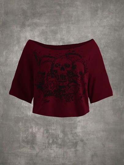 ROMWE Grunge Punk Caveira & Estampa Floral Fora Do Ombro Camiseta