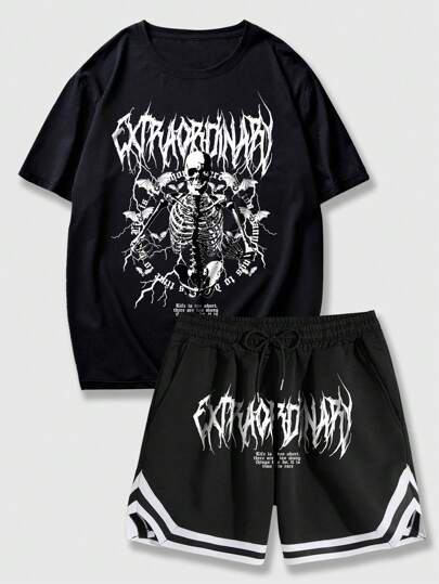 ROMWE Grunge Punk Camiseta E Shorts Masculinos Com Letras De Esqueleto