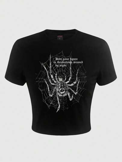 ROMWE Grunge Punk Slogan & Aranha Imprimir Camiseta Crop