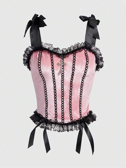 ROMWE Goth Renda De Contraste Acabamento De Folho Veludo Top Cami