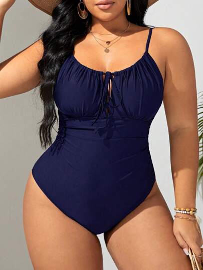 SHEIN Swim Vcay Plus Busto Franzido Amarração Frontal Fato De Banho De Uma Peça
