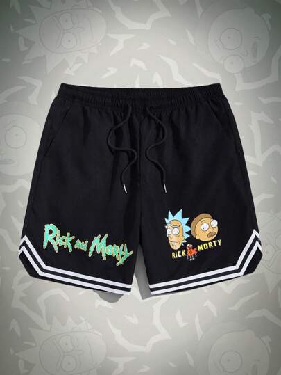 Rick and Morty | ROMWE Shorts De Cintura Com Cordão Para Homens Com Gráfico De Letras E Desenho Animado E Detalhe Listrado