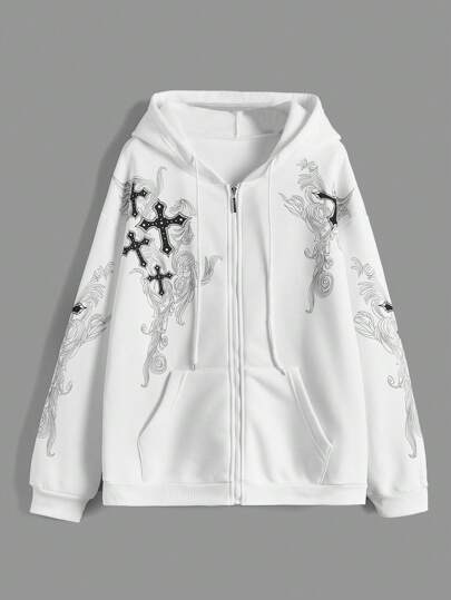 ROMWE Grunge Punk Cruz Imprimir Zip Up Cordão Revestido Térmico Capuz