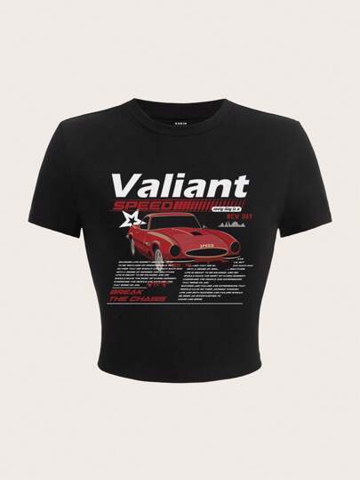 SHEIN Coolane Camiseta Feminina Casual E Simples Com Slogan De Carro Impresso De Manga Curta E Gola Redonda Para O Verão
