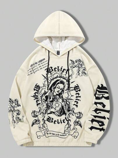 ROMWE Goth Moletom Masculino Com Capuz E Estampa De Anjinho E Slogan
