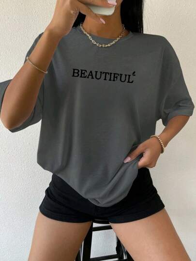 T-shirt baby look camiseta feminina algodão 100% gola retonda com letra Beautiful estampada