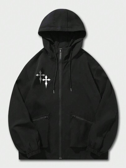 ROMWE Goth Jaqueta Com Capuz Masculina Estampada Com Cruz