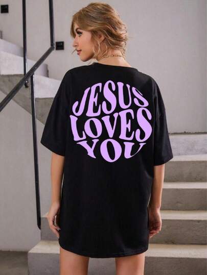 Camiseta Feminina T-Shirt Gola redonda Estampada Jesus Loves You – Camiseta Algodão Leve e Fresquinha Estilo Vintage Estampa nas Costas