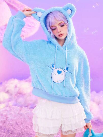 ROMWE X Care Bears Moletom Felpudo Bordado Com Capuz De Urso De Orelha 3d