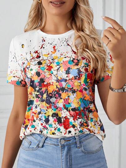 SHEIN LUNE Camiseta De Manga Curta Com Estampa De Respingos De Tinta Com Gola Redonda