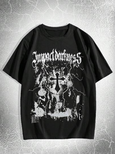 ROMWE Goth Camiseta Gráfica De Letra Cruzada Para Homens
