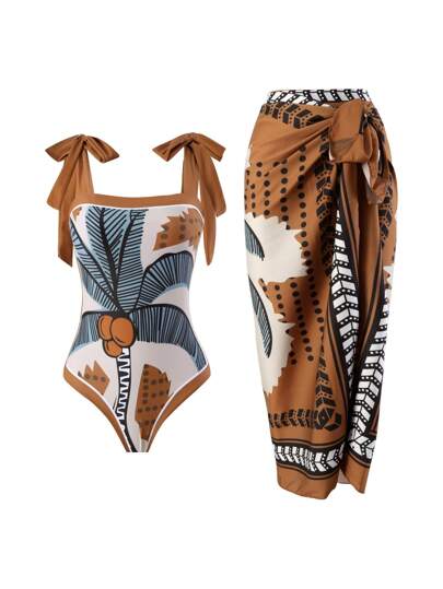 Maiô Estilo Vintage De Uma Peça Com Detalhe De Nó No Ombro E Meia Saia De Praia Para Férias / Praia / Spa / Natação