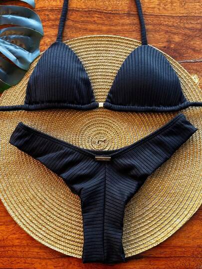 Biquíni Cortininha Asa Delta Fio Canelado Amarração Bojo Removivel Marquinha Bronze Moda Praia Verão
