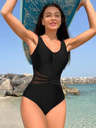 SHEIN Swim SPRTY Malha De Contraste Inserir Tubo Zíper Frontal Fato De Banho De Uma Peça