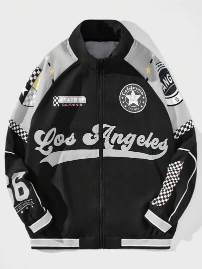 ROMWE Street Life Jaqueta Masculina Com Gola Alta E Estampas De Texto