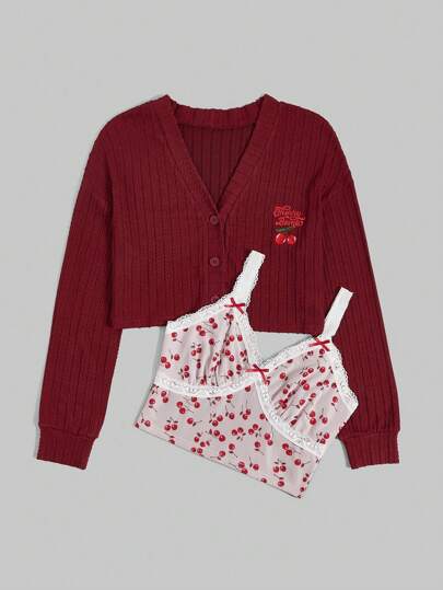 ROMWE Kawaii Conjunto De Duas Peças De Jaqueta Fofa Bordada De Cereja Para Mulheres E Cami De Renda De Inserção