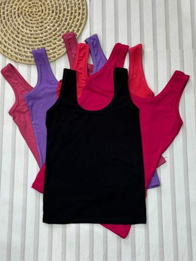 Kit 5 Regatas Alça Larga Blusas Feminina Multicoloridas Lisa