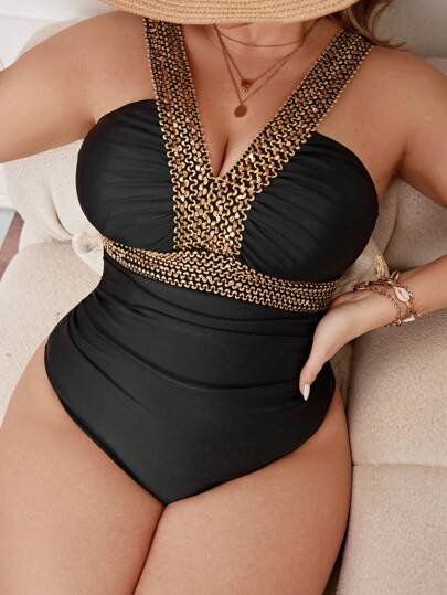 SHEIN Swim Chicsea Mais Fato de banho de uma peça Detalhe do ponto