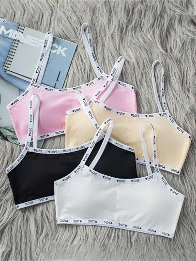 4 Peças Bralette De Coração E Letra Contrastante Gráfico Para Meninas Adolescentes