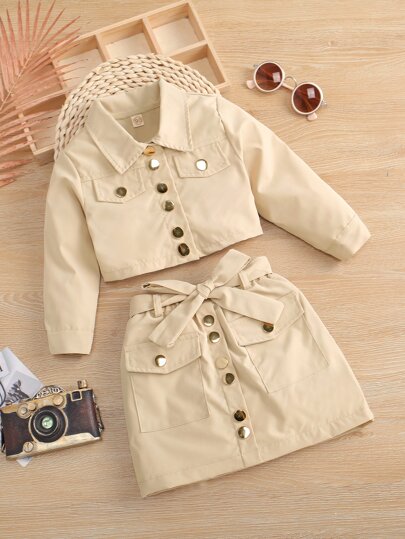 SHEIN Kids HYPEME Paletó De Detalhe De Aba Para Jovem Menina & Saia Com Cinto
