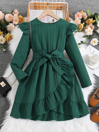 SHEIN Kids SUNSHNE Garotas Vestido com cinto Acabamento de babados Bainha Enrolada