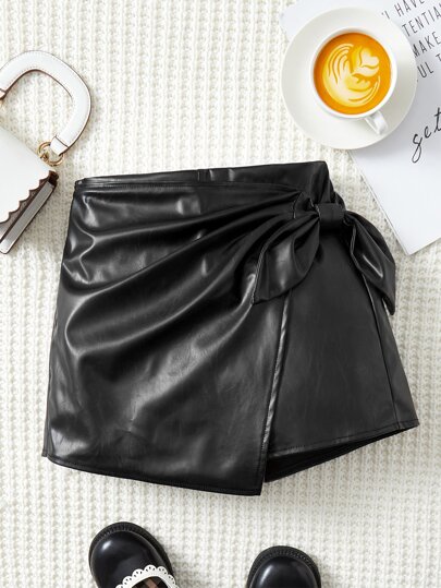 SHEIN Short Saia De Couro Pu Com Nó Lateral Para Meninas Adolescentes