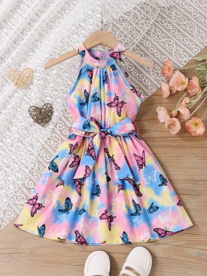 SHEIN Kids HYPEME Vestido Halter Borboleta Tie Dye Com Cinto Para Menina Jovem