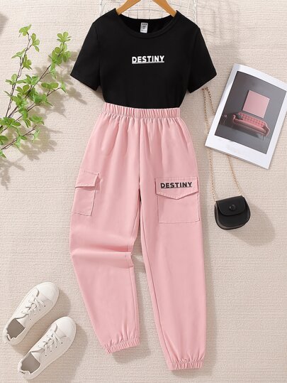 SHEIN Kids EVRYDAY Camiseta Gráfica Com Letra E Calça De Bolso Com Aba Para Meninas Pré-adolescentes