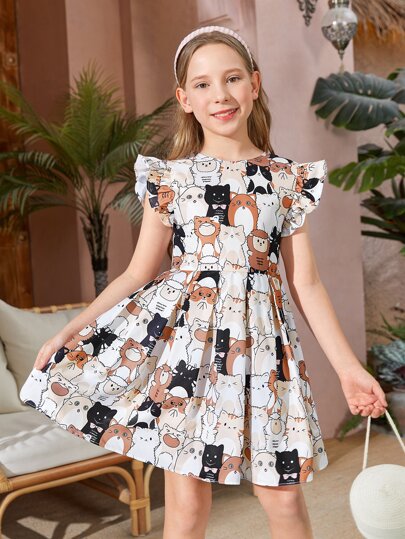SHEIN Kids QTFun Vestido Casual Com Mangas Voando E Bainha Com Babado Impresso Em Cartoon Para Garotas Adolescentes