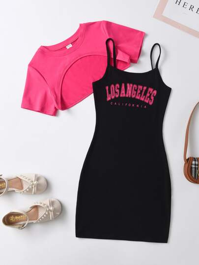 SHEIN Kids EVRYDAY Camiseta Tween Girl High Low Hem & Vestido Gráfico Com Letras De Alcinha
