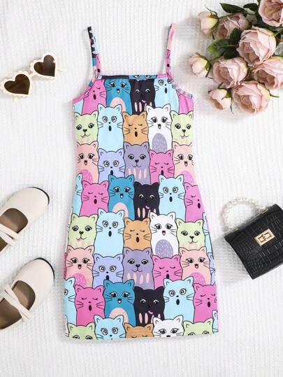 SHEIN Kids Cooltwn Vestido Feminino De Malha Bodycon Desenho Animado Estampado Com Alça Espaguete Sem Mangas (não Ajustável)