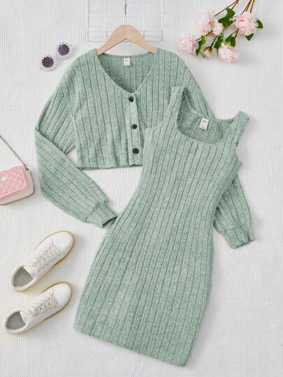 SHEIN Garota Adolescente Botão Frontal Jaqueta & Vestido Tank