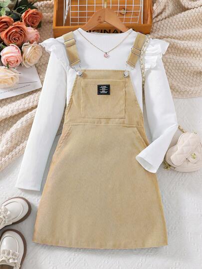 SHEIN Garota pré-adolescente Detalhe da Letra Remendada Bombazina Vestido Overall Sem Camiseta
