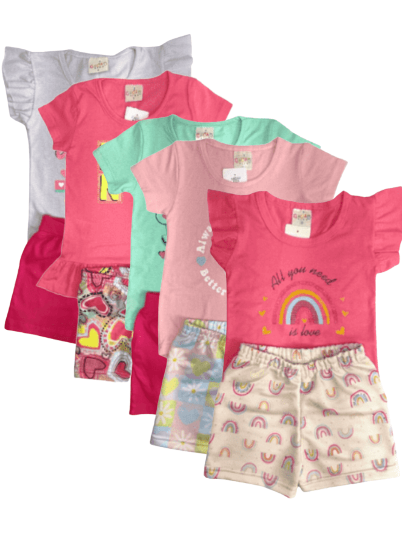 Kit 8 Peças MENINA Verão = 4 Conjuntos MENINA Infantil Cores e Estampas Sortidas 4 Blusas e 4 Shorts