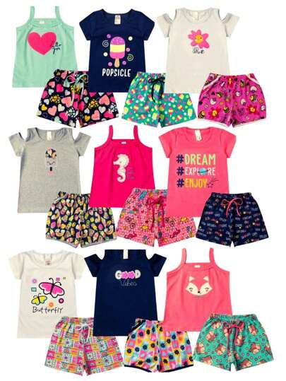 Kit Premium 10 Peças Roupa Infantil Menina Verão Conjunto Criança Feminino Pronta Entrega 5 Blusa + 5 Shorts