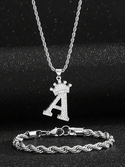 1 Conjunto De Colar Com Pingente De Letra De Coroa De Aço Inoxidável Elegante, Com Pulseira De Corrente De Corda Trançada, Para Crianças Como Presente De Aniversário Em Festas