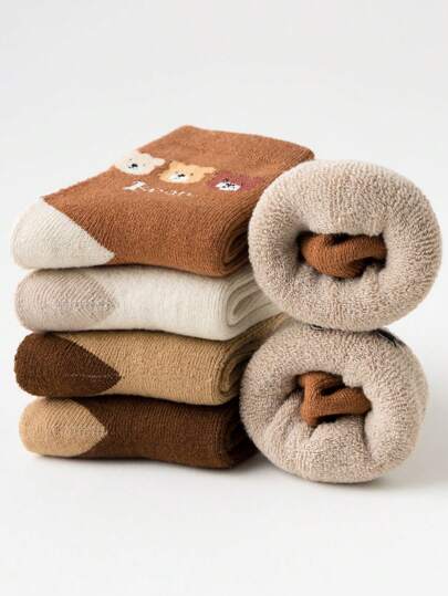 5 Pares/pacote Meias De Inverno Para Crianças, Urso De Pelúcia Cartoon Engrossado, Meias De Médias Para Meninas E Meninos, Outono E Inverno