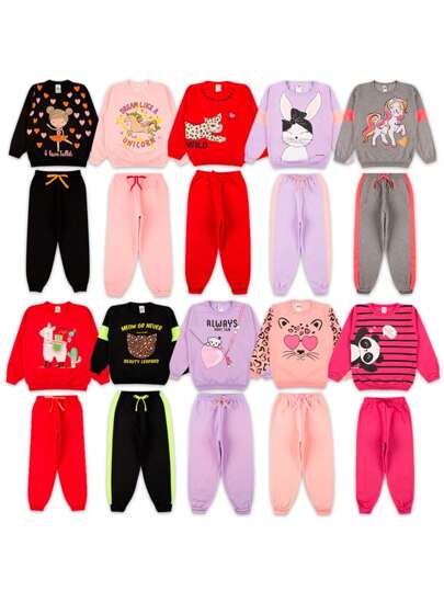 Kit 6 Peças Moletom Infantil Menina Inverno – 3 Casacos + 3 Calças – Tamanho 1 ao 10