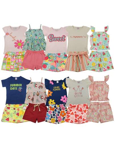 Kit 8 Peças 4 Blusas e 4 Shorts Conjuntos Infantil Menina Roupa Infantil Feminina Verão