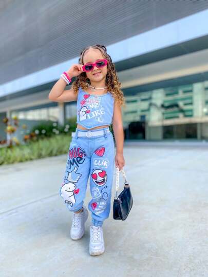 Conjunto de Menina Infantil Jeans Croped e Calça Estilo