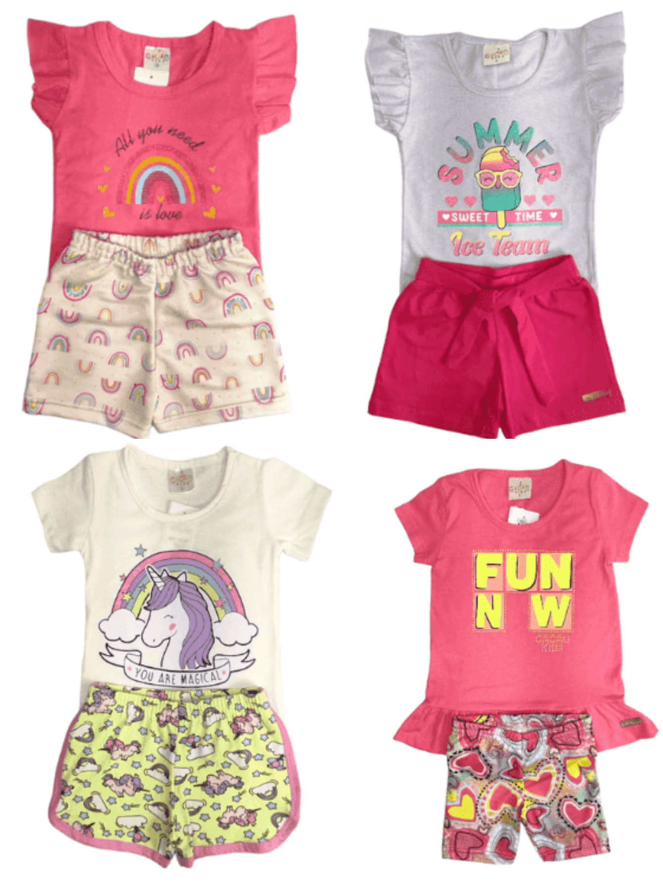 Kit 4 Peças MENINA Verão= 2 Conjuntos Cores e Estampas SORTIDAS