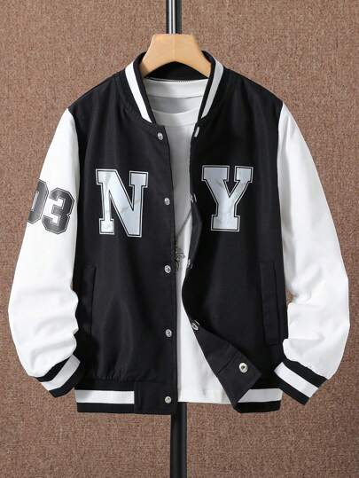 Garoto adolescente Gráfica Letra Dois Tons Jaqueta Varsity Sem Camiseta