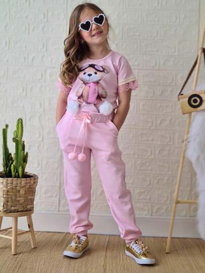 Conjunto Feminino Infantil de Menina Calça e Blusa Moda Verão Ursinho Cadarço PomPom