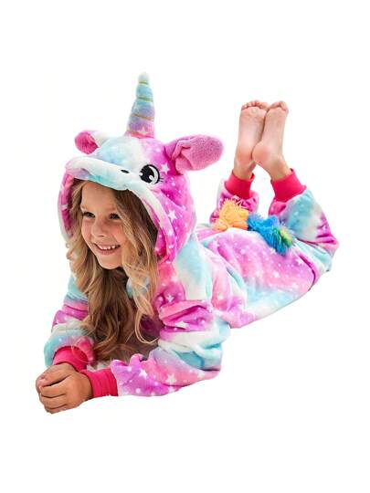 Pijama Roupa de dormir infantil de menina unicórnio kigurumi rosa estrelado de pelúcia desenho animado