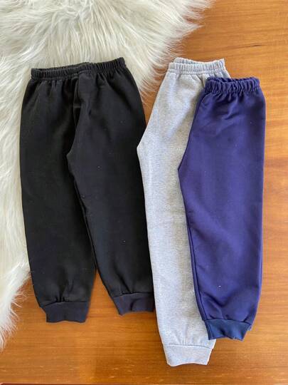 Kit 3 calça Moletom Escolar Infantil quentinho Flanelado forrado Preto, cinza e azul