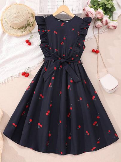 Vestido Feminino Com Estampa Cereja Azul Marinho E Cinto Para Meninas Adolescentes