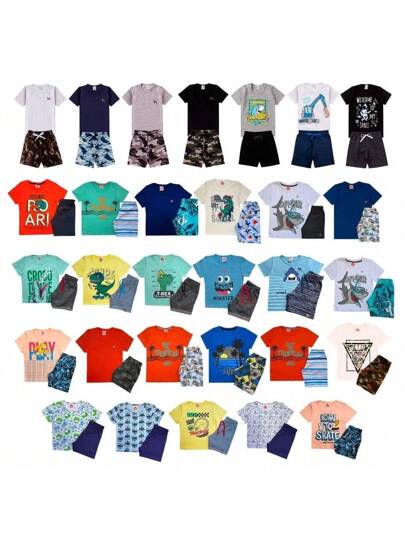 kit 10 peças de roupas 5 conjuntos masculino infantil verão barato bermudas e camisas estampadas sortidas tamanho 1 2 3 4 6 8