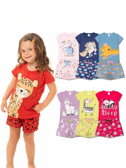 Kit 4 Peças Pijama Infantil Menina Manga Curta Atacado 1 Ao 10